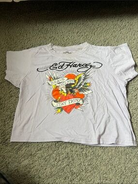 Ed Hardy Lavender Graphic Tee with Red Heart and Multicolor Eagle